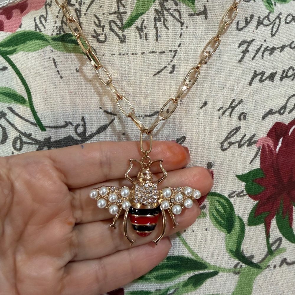Gold Bee Pendant Necklace and Cuff bracelet with Pearls - Women Jewelry